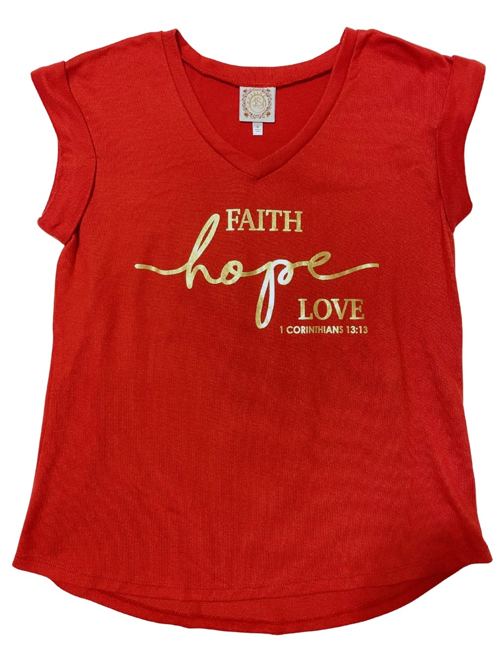 Christian Faith Hope Love Scripture Graphic Tee Gold Foil V-Neck Small